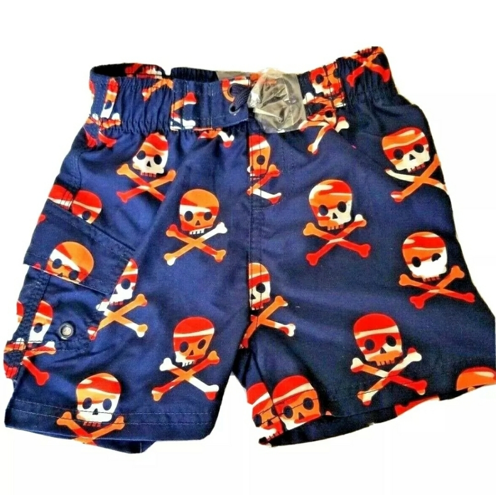 Joe Boxer Toddler Boys Navy orange Skull Swim Trunks Shorts size 12 mons *